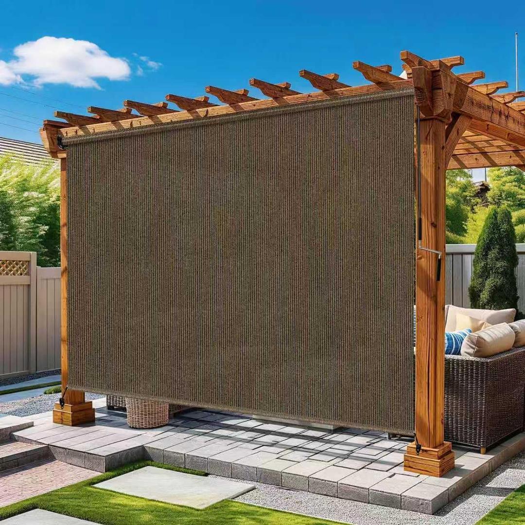Vintage Mocha Outdoor Roller Shades 8' W x 8' H, Exterior Cordless Patio Shade Roll up-Down Blinds Spliced Design (Fixed 2 Poles, One-Full Piece Fabric Sunshade Screen), 96"W x 96"H