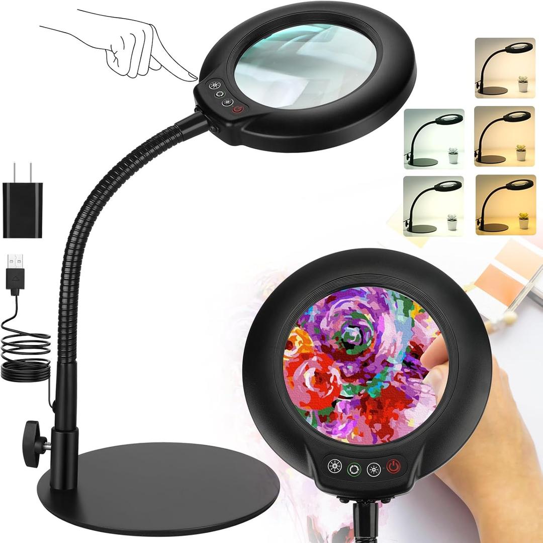 Drdefi 10X Magnifying Glass with Light and Stand, 5 Color Modes Stepless Dimmable Flexible Gooseneck Magnifying Desk Lamp, LED Lighted Magnifier Hands Free for Close Work Craft Reading Painting Hobby (Black)