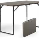 Folding Table 4ft - Heavy Duty Fold-in-Half Plastic Table with Adjustable Height, Portable Utility Tables with Steel Legs for Indoor, Outdoor, Picnic, Camping, Dining, Party (Khaki)