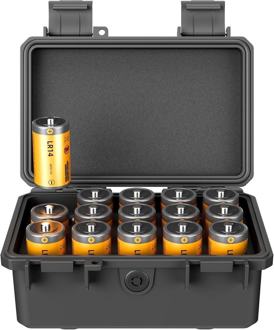 KIWIFOTOS 15 Slots C Battery Organizer Storage Case Heavy Duty IP67 Waterproof C Cell LR14 Alkaline Batteries Holder Containers for Household Outdoor Camping and Office All-Purpose