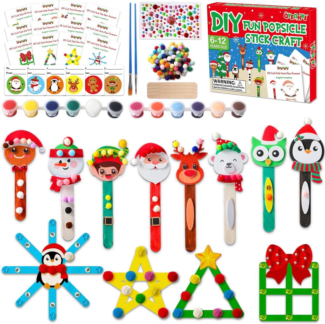 Qyeahkj 24 Sets Christmas Craft Winter Crafts Popsicle Stick Snowflake Reindeer Santa Ornaments Decorations Art Sets Snowman Stick Craft Stick for Kids Xmas Holiday Classroom Activities Party Favors