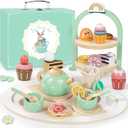 Wooden Tea Party Set for Little Girls, Toddler Pretend Play Food Kitchen Toys, Wooden Tea Set Tray Cake Dessert, Toddler Birthday for Girls Age 2-5 Years Old