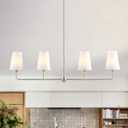 Brushed Nickel Chandelier for Kitchen Island 4-Light Linear Chandeliers for Dining Room Modern Farmhouse Classic Light Fixture with White Linen Shades Over Dining Table
