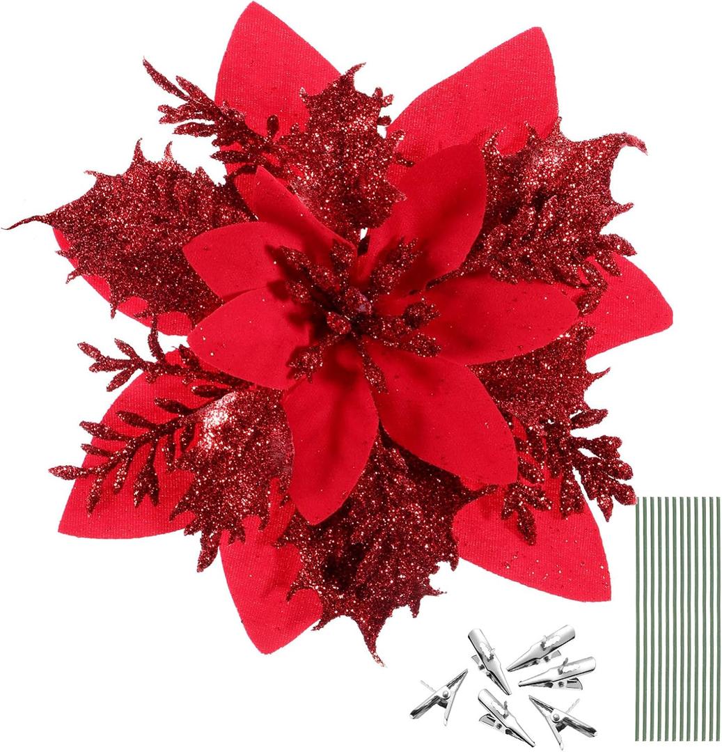Toyvian Christmas Glitter Artificial Poinsettia Flowers- 12pcs Christmas Tree Flowers Ornaments- Xmas Party Decoration with 12pcs Stems and Clips (Red)