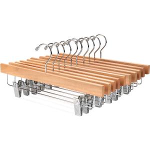 Nature Smile Solid Lotus Wood Deluxe Wooden Pants Hangers Bottom Hanger Jeans Hanger Skirt Hanger with 2-Adjustable Clips Anti-Rust Hook Pack of 10 (Natural)