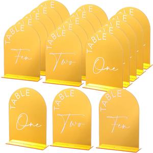 Wedding Table Numbers 1-20, Gold Mirror Arch Table Numbers 5 x 7 inch with Stands, 1-20 Gold Acrylic Tables Number Holders for Wedding Receptions, Parties, Anniversaries and Events