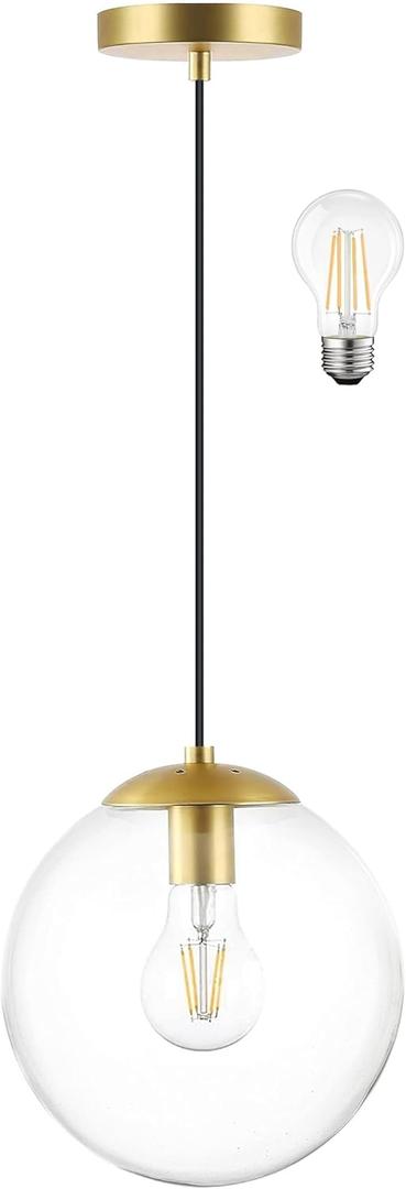KoKo&Yukina Globe Pendant Lighting for Kitchen Island Mid Century Modern Hanging Light Fixture with Clear Globe Glass Gold Brass Hanging Ceiling Lights for Sink Bathroom Entryway (8 inch)
