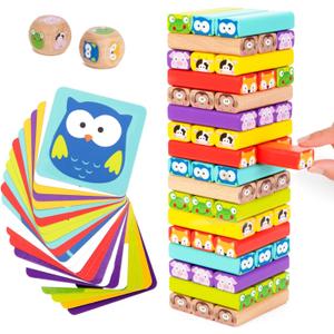 Nene Toys Wooden Tumble Tower Game with Animals & Colors, 4-in-1 Educational Family Board Game for Kids Ages 3-9, Creativity & Cognitive Skills Booster - Gift for Boys & Girls 3+ Years