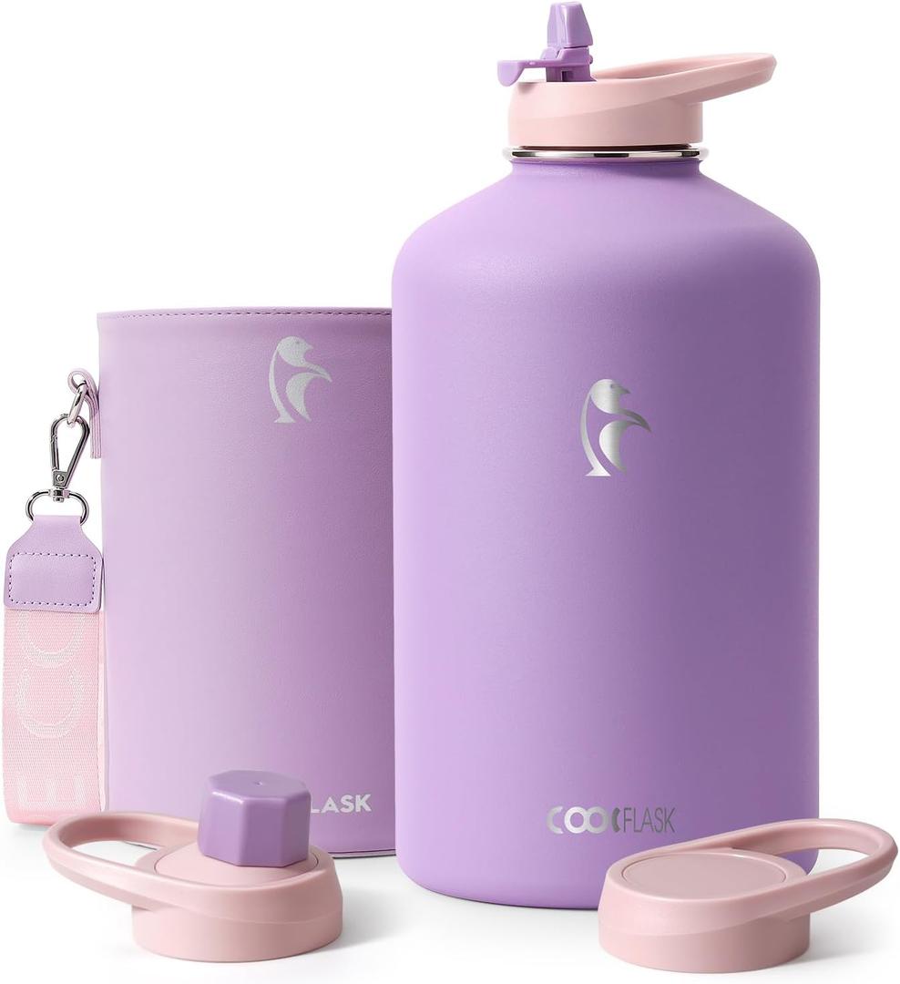 Coolflask Gallon Water Bottle Insulated with PU Leather Sleeve, 128 oz Water Bottle Color Contrast with Straw Lids, Stainless Steel Metal Large Water Jug, Keep Cold 48h Hot 24h,Lilac Purple (128 oz, Lilac Purple)