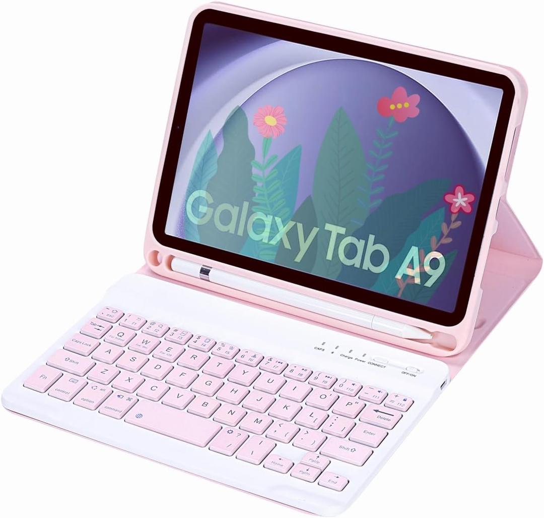 Slim Candy Colors Keyboard Case Compatible with Samsung Galaxy Tab A9 8.7 Inch 2023 Model (SM-X110/X115/X117) with S Pen Holder, Mutil Angles Stand Cover Detachable Wireless Keyboard (Pink)