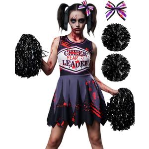 JenPen Scary Halloween Cheerleader Outfit for Bloody Cheerleader Costume Bow Purple Black Dress up Cosplay Party (5-7 Years)