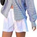 Women's Plaid Striped Shorts Pajama Elastic High Waist Wide Leg Summer Button Beach Nightclub Lounge Shorts (B# White, M), Medium