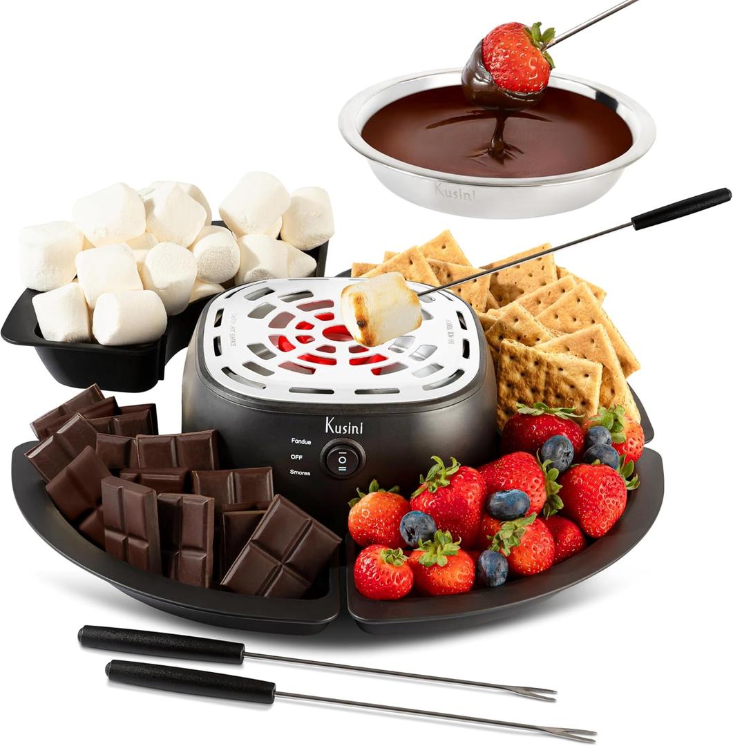 Kusini 2 in 1 Electric Fondue Set & Smores Maker Tabletop Indoor Kit with Removable Trays & 4 Skewers Smores Station Chocolate Melting Pot - Unique Couple Gift Set Idea, Date & Movie Night Supplies