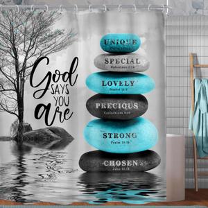 MESHELLY Zen Teal Bible Verse Shower Curtain 60Wx72H Gray Tree Scriptures Positive Spa Yoga Relaxing Meditation Christian Quotes Bathroom Curtain Inspirational Bathroom Decor Fabric with 12 Hooks