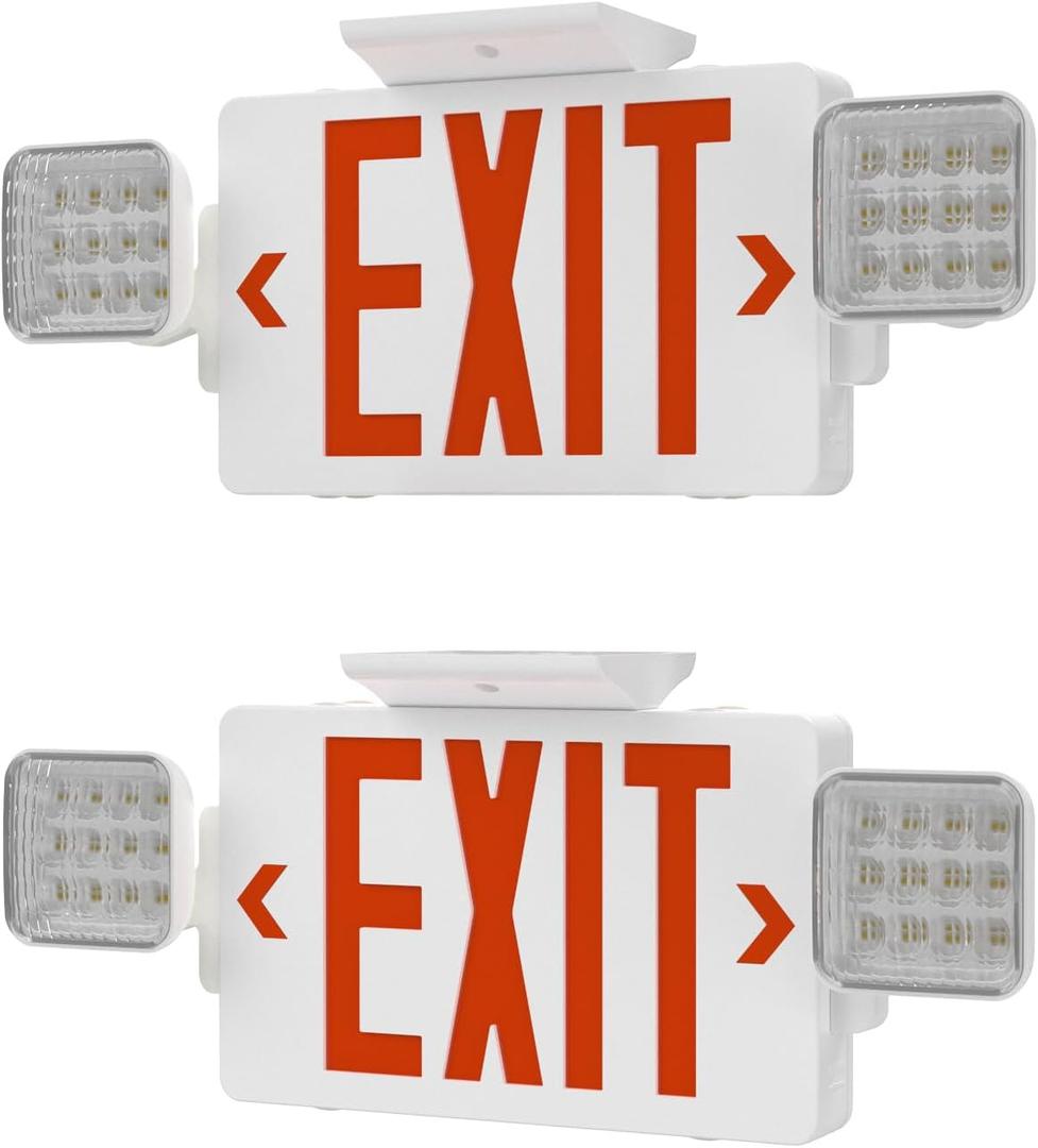 Exit Signs with Emergency Lights, Adjustable Double Head - Hardwired with Battery Backup for Business, AC 120-277V, UL924 & ETL Certified, Wall/Ceiling Mount 2-Pack