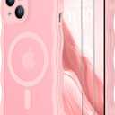 SPIDERCASE Magnetic for iPhone 15 Pro Case,[Curly Wave Edge] with [2 Tempered Glass Screen Protector] [Full Camera Protection] Anti-Fingerprint Anti-Scratch Phone Case, Pink