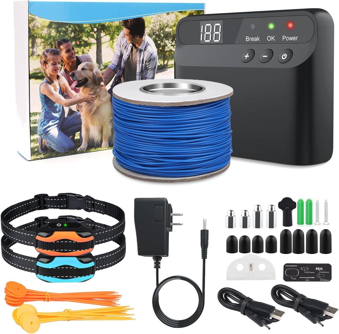 PcEoTllar Electric Fence for Dogs, Electric Dog Fence System, 2 Water Resistant Collar Receiver, with 656Ft Underground/Aboveground Boundary Wire, for Small, Medium, Large Dogs