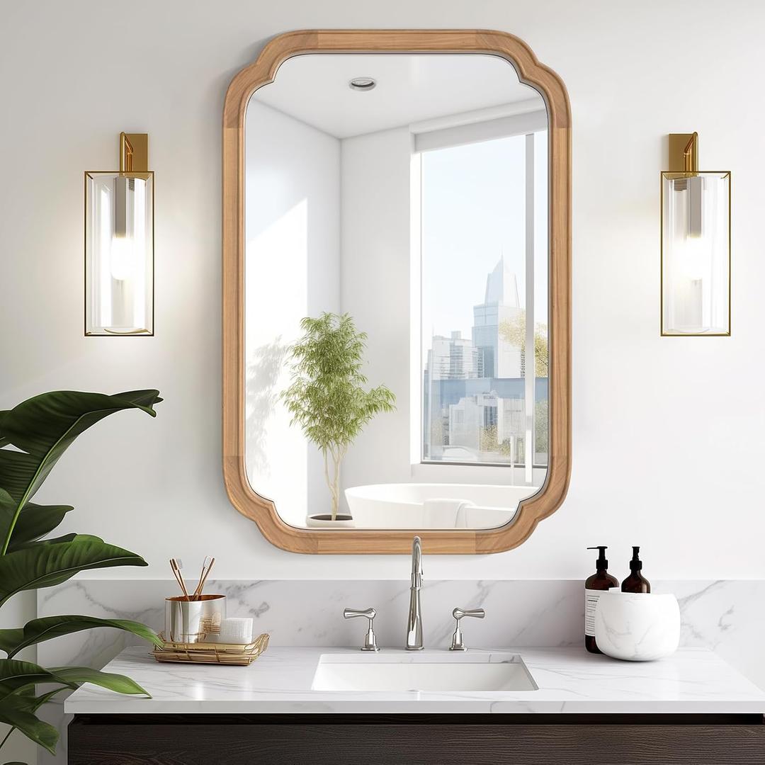 HOMECOOKIN Wood Bathroom Mirror for Wall Decor Arched Rounded Corner Rustic Wood Frame Wall Mirror Home Decorative for Vanity, Living Room, Bedroom, Entryway (20 x 30 inch, DH)