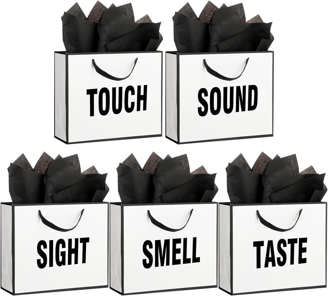 Kolldenn 5 Senses Gift Bags for Him Her Five Senses Gift Bag with Ribbon Handles and Tissue Paper Present Wrappings for Valentine Wedding Birthday Mothers Day (Black White,11.8 x 10 x 4 Inch)
