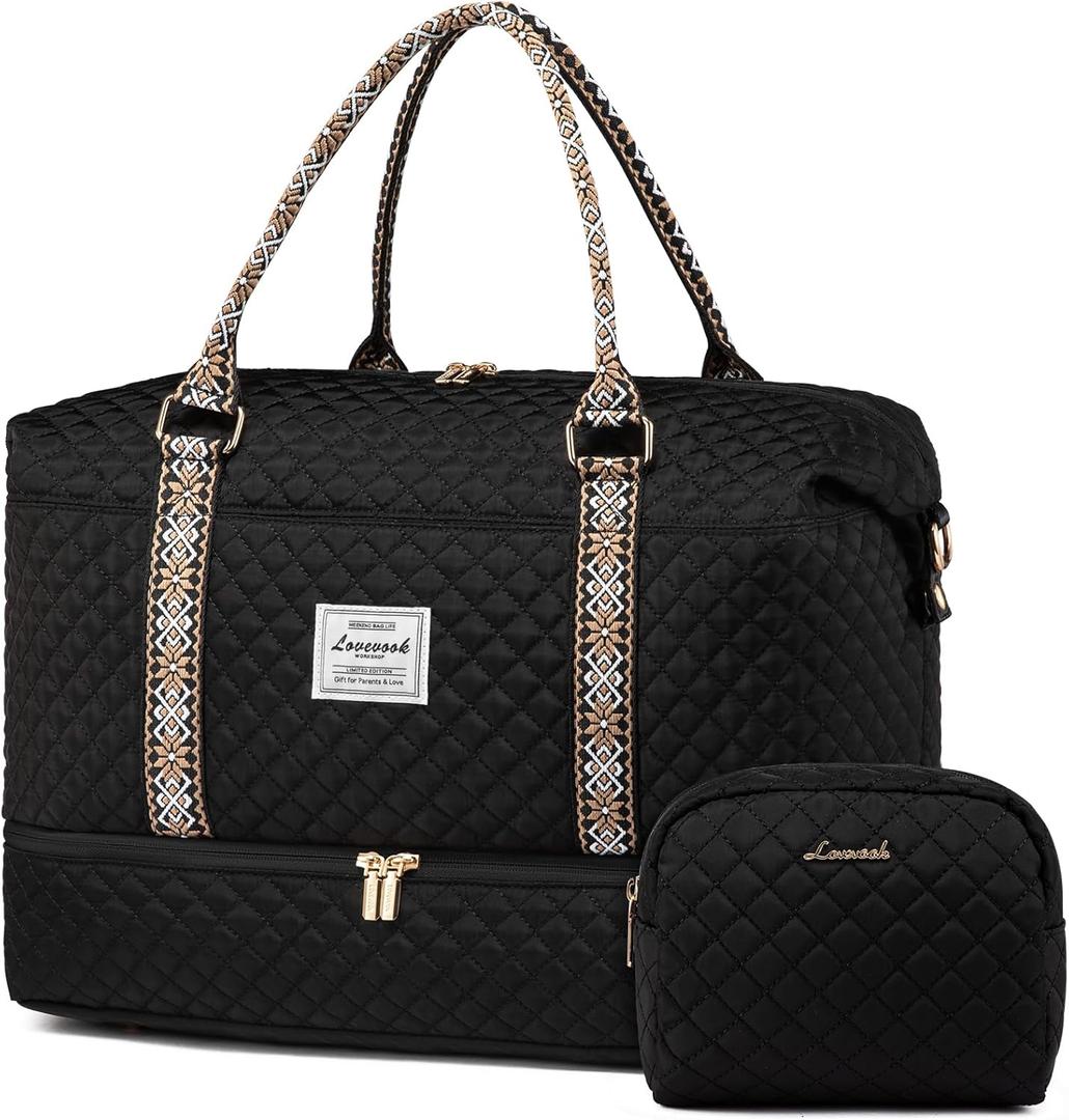LOVEVOOK Travel Duffle Bag,Weekender Bags for Women with Shoe CompartmentCarry on Overnight Bag with Toiletry Bag,Gym Duffel Bag with Wet Pocket, Hospital Bags for Labor and Delivery (Large-2 Pcs, Black-tape2)