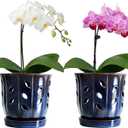 FoldTier 2 Pack 6.5 Inches Round Ceramic Orchid Pot with Holes and Saucers, Small Succulent Pot, Orchid Planter for Repotting, Healthy Root Growth, Promote Air Circulation, Plant Indoor and Outdoor