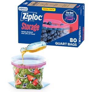 Ziploc Quart Food Storage Bags, Stay Open Design with Stand-Up Bottom, Easy to Fill, 80 Count