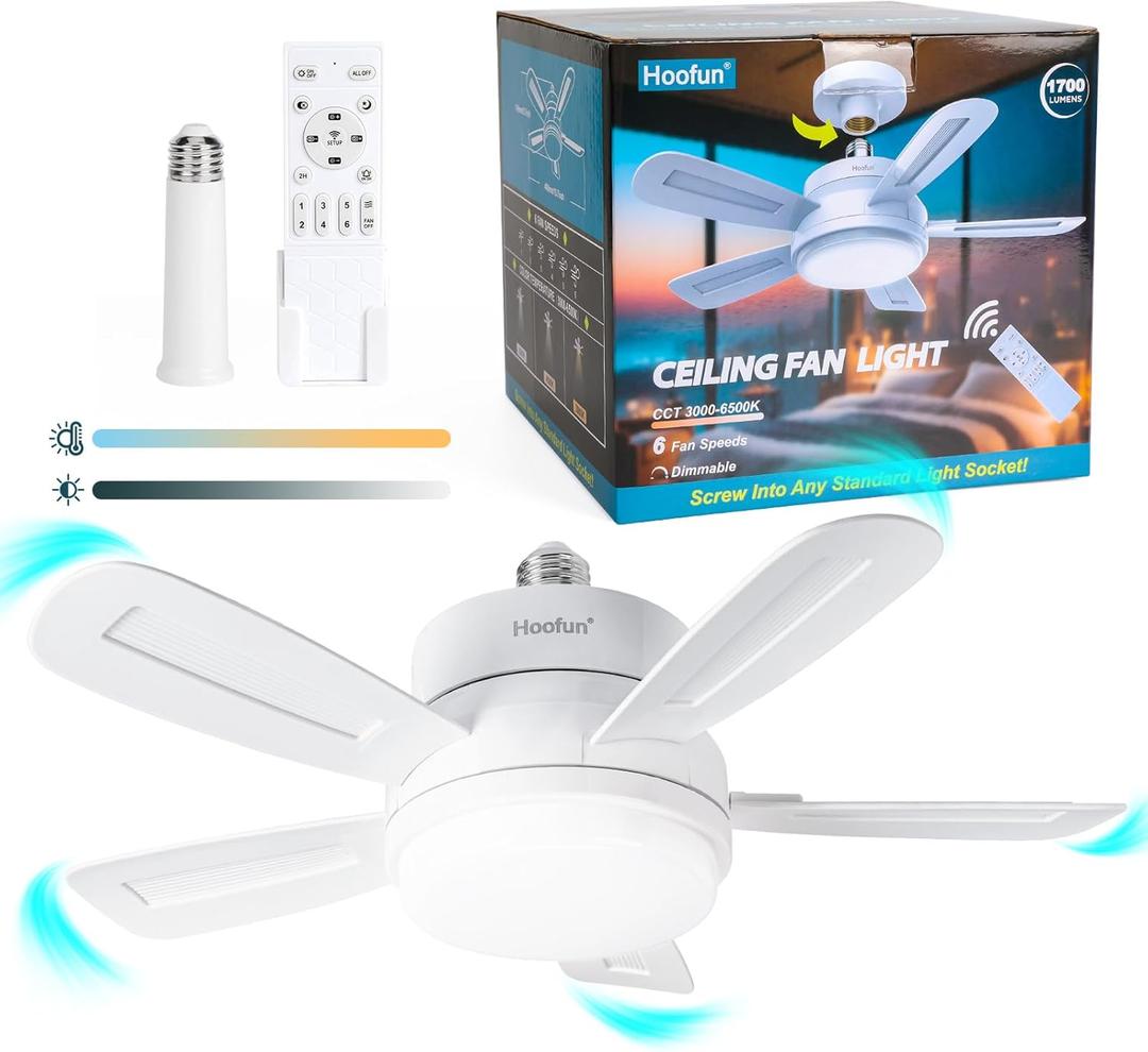 15.7" Socket Fan with Light and Remote, 3000K-6500K, 1700LM, Wireless Screw in Light Socket Fan for Bedroom, Kitchen, Living Room, Garage, E26 Base (White)