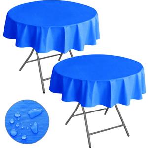 Nasitos 2 Pack Round Vinyl Tablecloth 60 Inch-Vinyl Plastic Blue Table Cloth Flannel Backed, Waterproof Stain Resistant Table Cover, Disposable Tablecloth for Wedding, Graduation Party, Holiday Dinner
