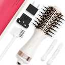 4-in-1 Travel Dual Voltage Hair Dryer Brush Blow Dryer Brush,Portable 2 inch Mini Hot Air Brush,Travel Hair Styler/Volumizer/Straightener/Curler,110-240V European Blow Dry Brush with EU&UK Plug (White & Rose Gold)