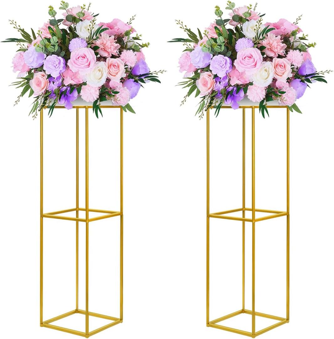 YALLOVE 2 Pcs 31.5 Inch Metal Flower Stand, Gold Centerpieces Vases Stand With Clear Acrylic Sheets, Geometric Display Rack for Wedding Party Decorations
