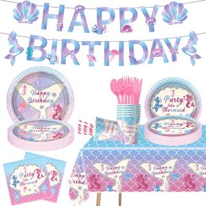 92Pcs Mermaid Birthday Party Decoration Set, Mermaid Party Supplies Including Banners, Plates, Cutlery, Tablecloths, Ocean Themed Birthday Party Decorations