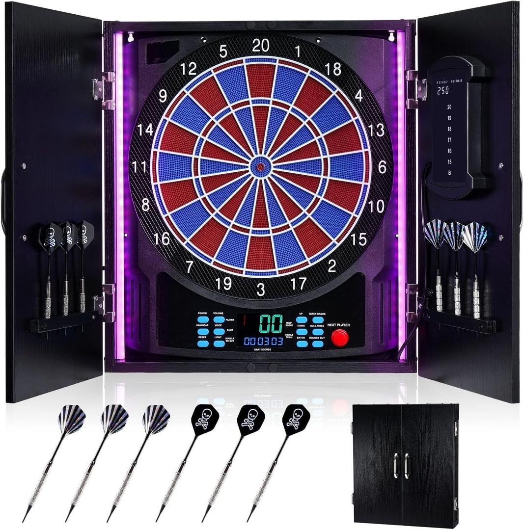Electronic Dart Board, Electric Dartboard Cabinet Set for Adults [6 Soft Tip Darts] Individual Light Color for Each Player- Wooden Dartboard Cabinet for Family Game