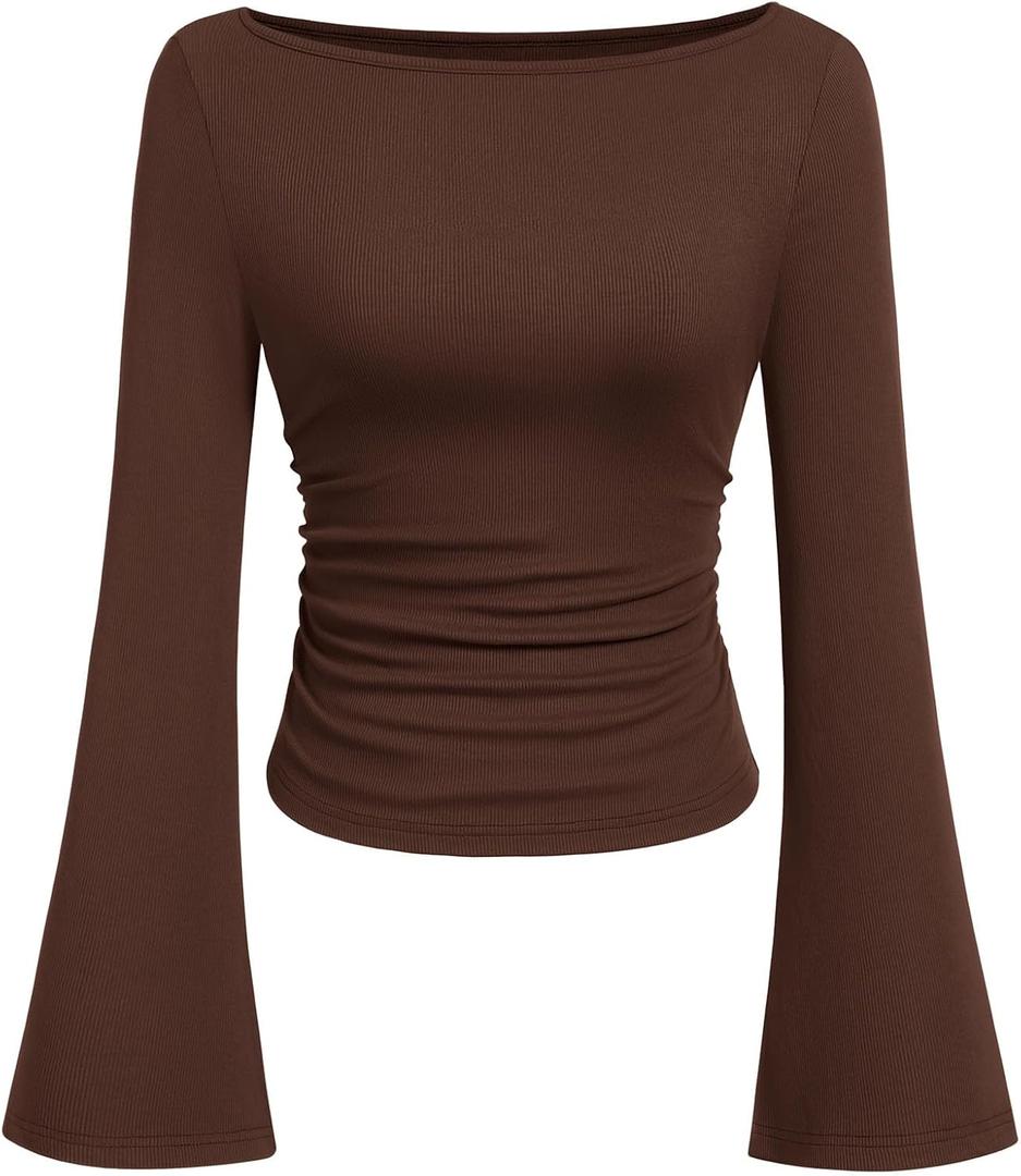 PRETTYGARDEN Womens Long Sleeve Shirts 2026 Spring Crop Going Out Tops Casual Boat Neck Bell Sleeve Ribbed Ruched Y2K Clothes (Brown, M)