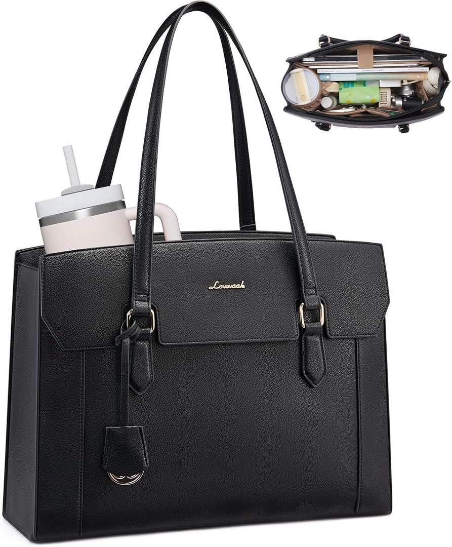 LOVEVOOK Laptop Tote Bag for Women,Computer Work Bag With Large Cup Holder,15.6 Inch Waterproof PU Leather Purse Briefcase for Teacher (Black)