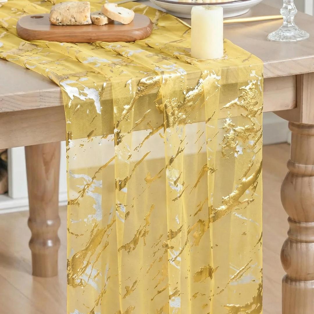 2 x Artoid Mode Marble Pattern Yellow Gauze Table Runner 10FT, Glitter Metallic Foil Sheer Dining Wedding Anniversary Birthday Table Decor for Home Party