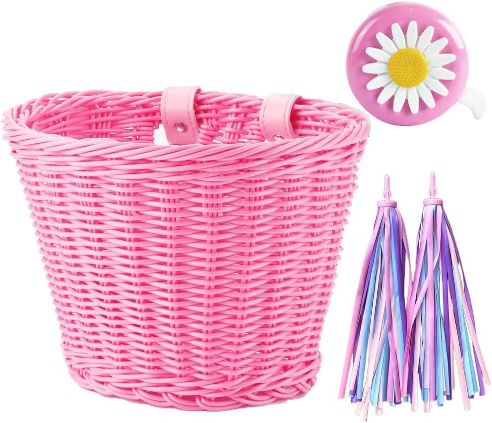 Bike Basket Kid Bicycle Basket Bike Accessories, 1pc Bicycle Bell with Stickers, 1pc Kid Bicycle Front Basket and 1pairs Colorful Ribbons Tassels Decoration for Girl Boy (Pink)
