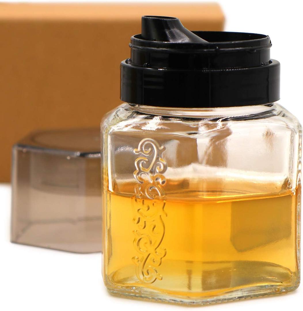 TOSSOW Glass Honey dispenser Oil Bottle Leakproof Condiment Container Oil Vinegar Cruet with Pourers and Funnel Olive Oil Carafe Decanter Non-Drip Spout for Kitchen Cooking 250ml/8.5oz Black