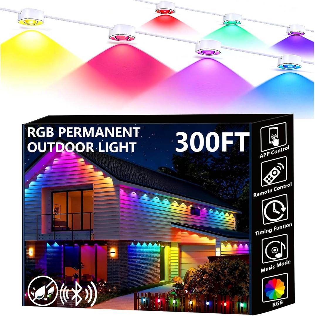 Permanent Outdoor Lights, 300ft Smart Eave Lights with RGB LED Light, IP67 Waterproof, App Control, DIY RGB Light for House Halloween Decorations