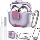 Secure Lock Case for AirPods 4 Case with Phone Stand, Soft TPU Shockproof Protective Cover for Airpods 4th Generation Clear Airpod 4 Case with Cleaning Pen & Keychain (Clear Purple)
