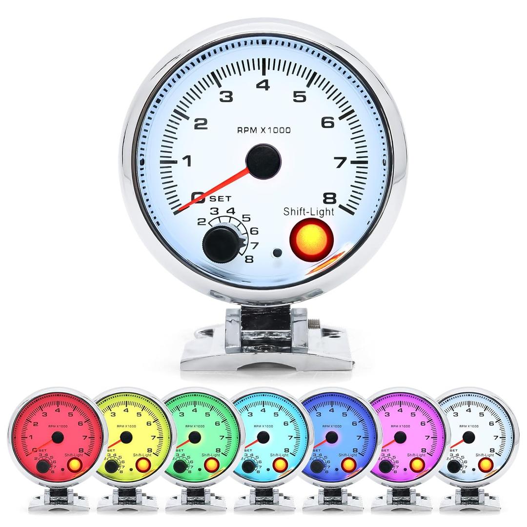 MH 3.75 inch (95mm) Tachometer with Shift Light, 8000 RPM Gauge, 7 Color Backlight Tach AUTO Gauge for 12V Car White Face