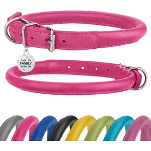 Rolled Leather Dog Collar Soft Round Collars, ID Tag for Small Medium Large Dogs(19-22 inch, Pink) (Pink & Silver Buckle)