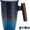 Suyika Tomotime Ceramic Tea Cup with Infuser and Lid Tea Mugs Wooden Handle 400ml/13.5oz Black cyan (01-Black & Blue)