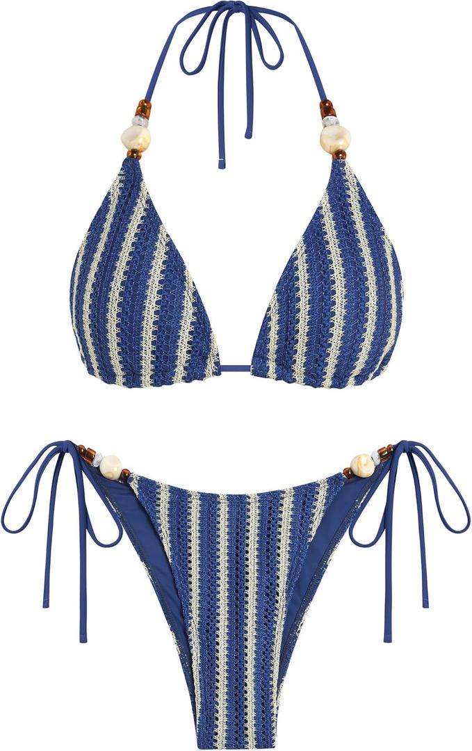 ZAFUL Women's Bikini Sets Beads Triangle Swimsuits 2 Piece String High Cut Cheeky Bathing Suits