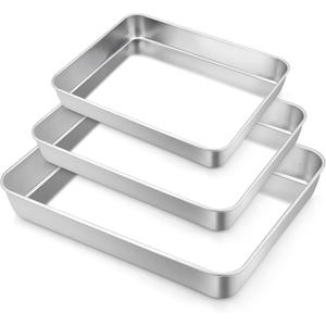 TeamFar Baking Pans Set of 3, Stainless Steel Deep Cookie Cake Pan for Home Baking, 12.5/10.5/9.4 Inch Rectangle Bakeware Set for Bread/Brownie/Casserole/Lasagna, Healthy & Sturdy, Dishwasher Safe