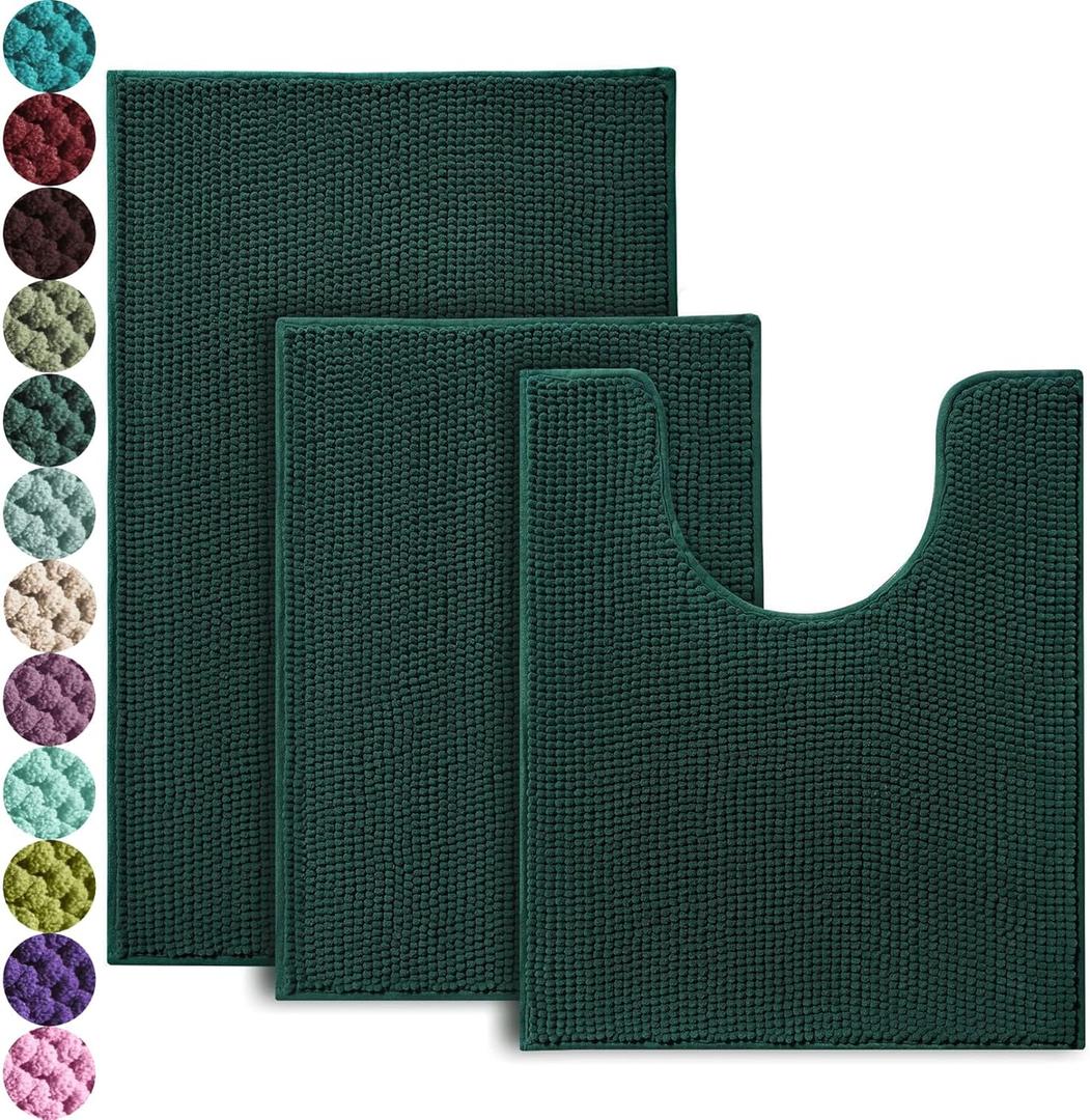 Urvoix Bathroom Rugs Sets 3 Piece, Non-Slip Chenille Bath Rug - Ultra Soft, Washable, Super Absorbent Bath Mat for Bathroom, Toilet and Tub (Dark Green) (20"x32" / 17"x24" / 20"x24" Contour)