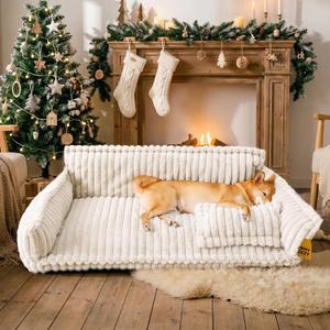 FUNNY FUZZY Dog Bed Orthopedic & Fluffy Dog Couch Bed, Corduroy Fleece Pet Beds Washable, Supportive Foam Pet Sofa Bed with Removable Zipper Cover - Snoozy Dream, White, XXL