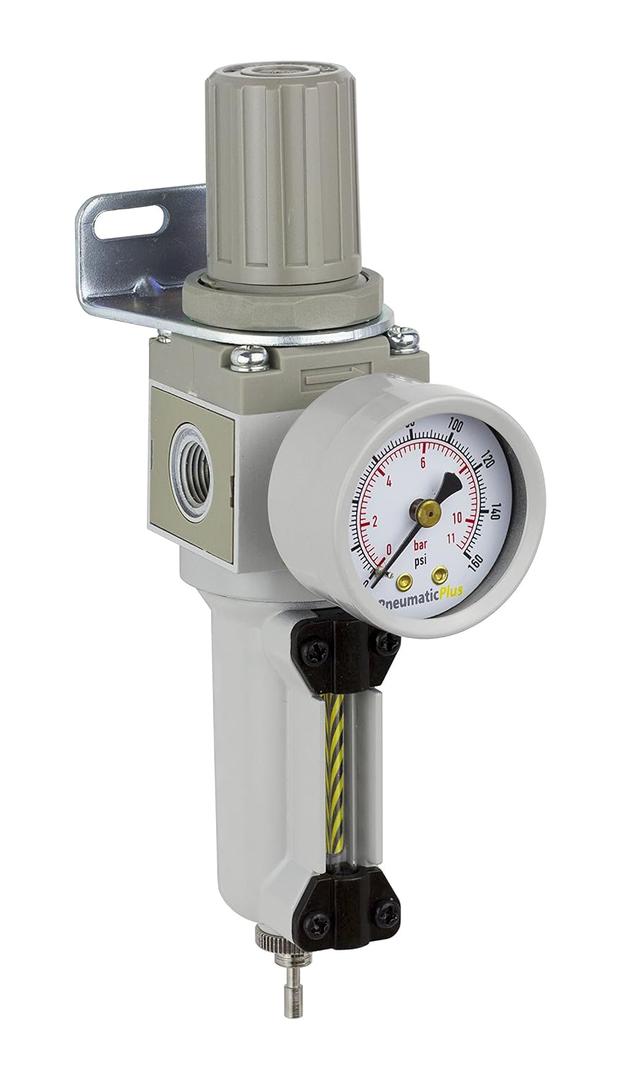 PneumaticPlus SAW2000M-N02BG-MEP Miniature Compressed Air Filter Regulator Combo Piggyback 1/4" NPT - Metal Bowl, Manual Drain, Bracket, Gauge