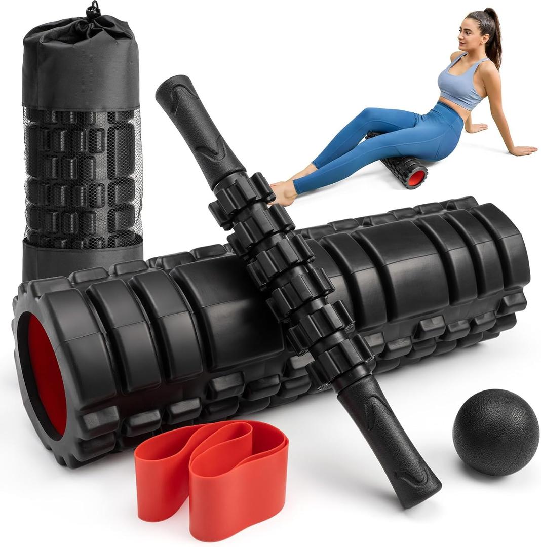 5-in-1 Foam Roller Set, Massage Roller Stick, Massage Ball, Resistance Band for Deep Muscle Massage, Trigger Point Release, Pilates, Yoga (Black-18(5 in 1)) 40.00