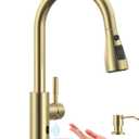 APPASO Touchless Kitchen Faucets Gold, Brushed Gold Kitchen Faucet Touchless, Touchless Kitchen Faucet with Pull-Down Sprayer and Soap Dispenser, Stainless Hands Free Faucet for Kitchen Sink 2-4 Hole