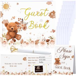 4 Pcs Baby Shower Guest Book Set Bear Pattern Baby Shower Sign in Guestbook with Please Sign Card Diamond Pen Stickers Gender Reveal Memory Book for New Parents Expecting Mothers